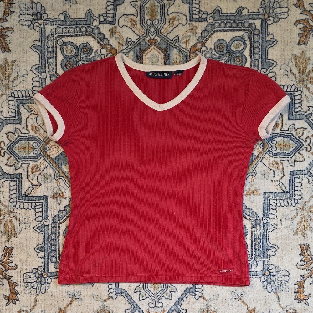 Vintage Aeropostale Women's Red V-Neck Top